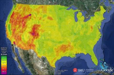 Coast-to-coast U.S. geothermal map from the SMU Geothermal Laboratory