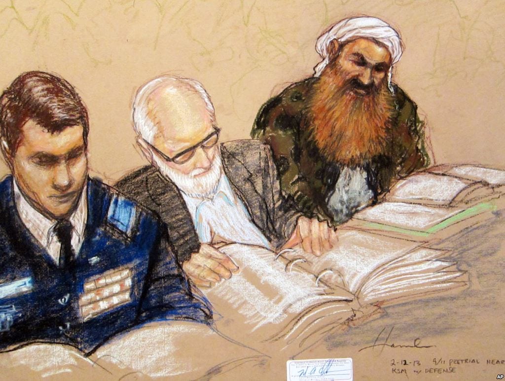 Khalid Sheikh Mohammed's red beard as shown in this courtroom sketch.