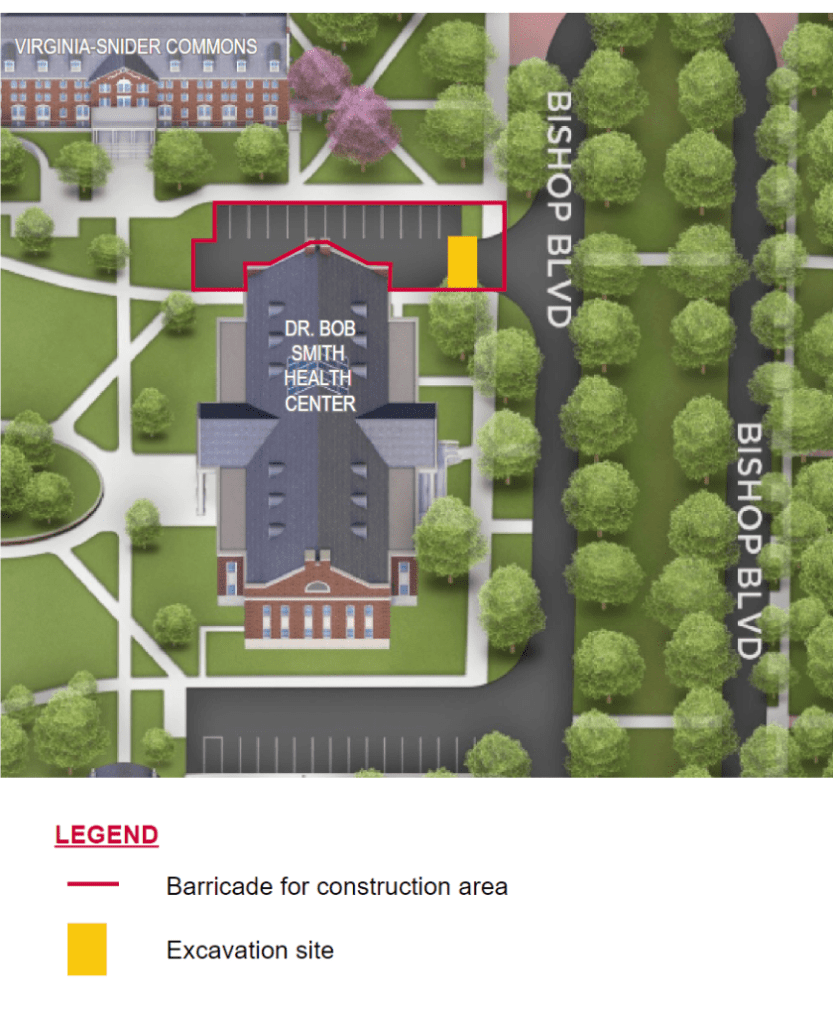 Maintenance Notice - July 1: The parking lot north of Dr. Bob Smith Health Center will be closed for a gas leak repair