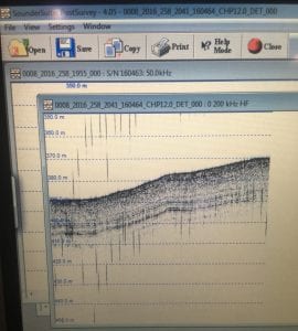 A chirp profile taken at about 400 m ocean depth. You can see some really well defined stratigraphy in the top 20 m of sediment!
