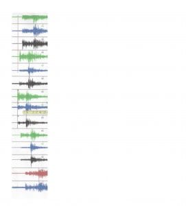 Seismic event at st1 following a "Jarring", magnitude about -1. About 1 second of 3 component seismograms, vertical, east and north for the following stations: RUSK, LEPP, ELFV, TVJP, MUNK.