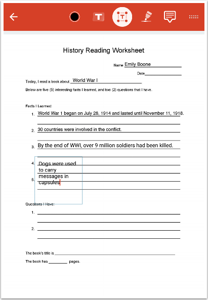 example of mobile annotation of a worksheet
