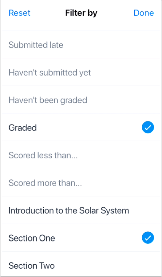 picture of the teacher apps screen concerning the Submission Section FIlter