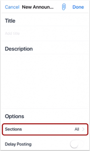 picture that shows how to chose section specific announcements in canvas app