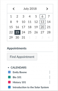 Picture that shows how students find appointments in teh calendar in Canvas