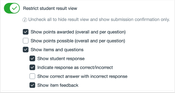 Picture of the options to restrict student results view in quizzes.Next inside Canvas