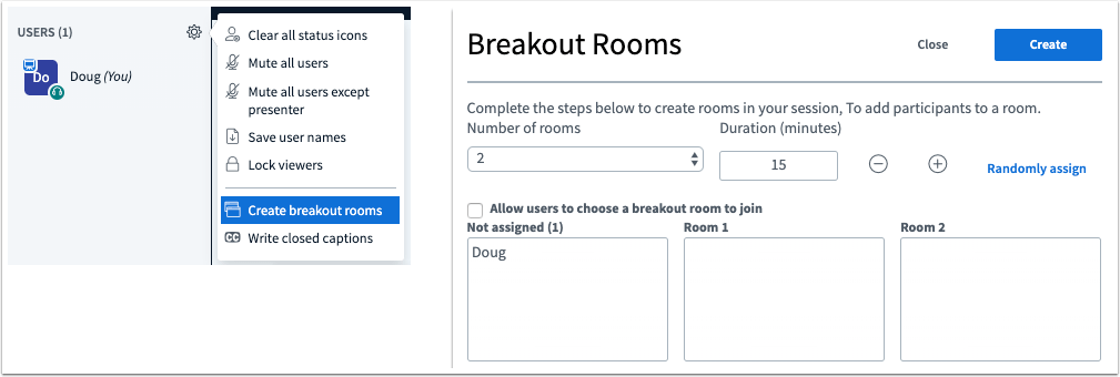 A picture in Canvas that shows the ability of a moderator to create breakout rooms inside a canvas conference