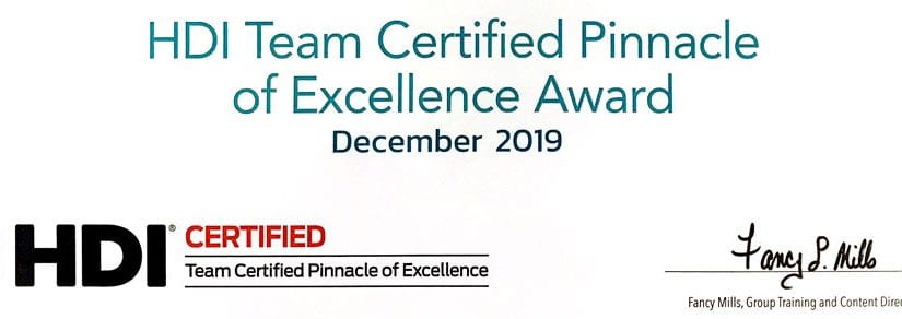 HDI Team Certified Pinnacle of Excellence Award
