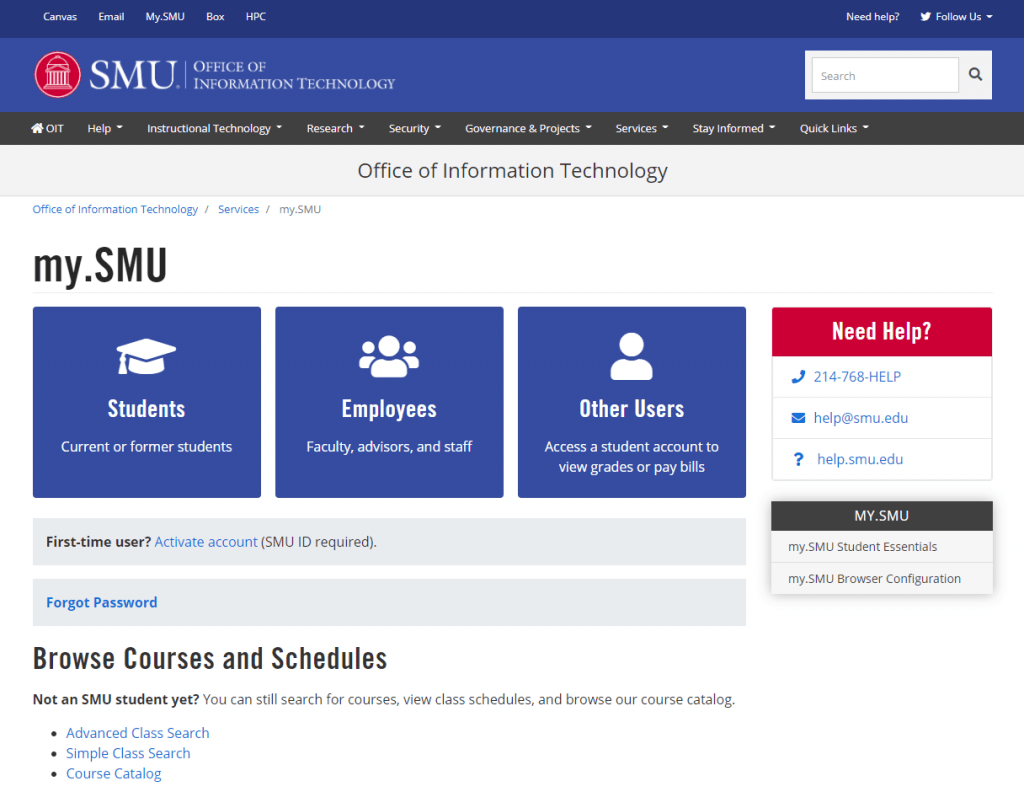 The new my.SMU service page.