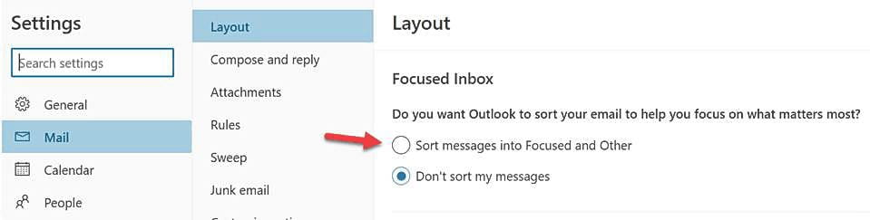 Screenshot of focused inbox settings