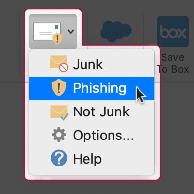 Screenshot of selecting Phishing option in Outlook's Report Message menu