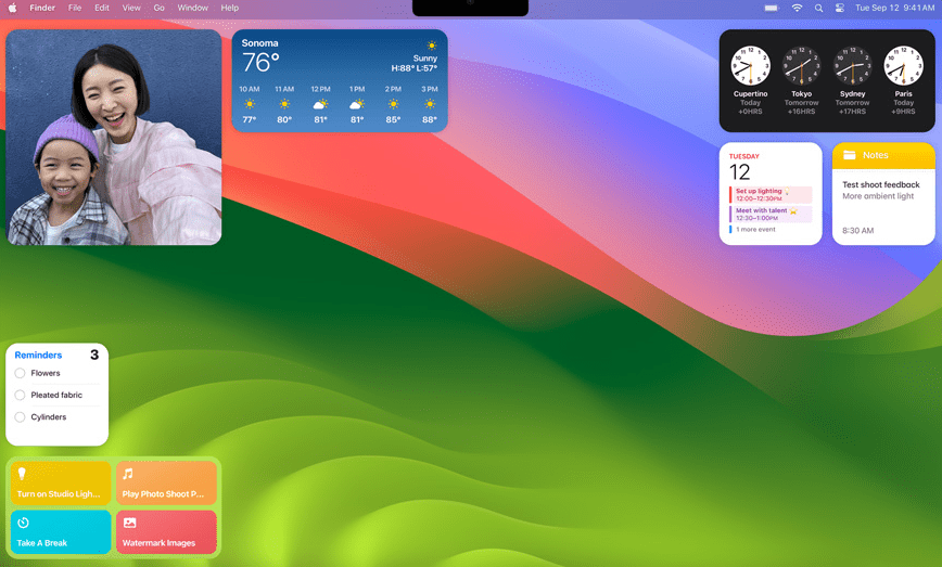 A screenshot of widgets on the desktop of macOS Sonoma