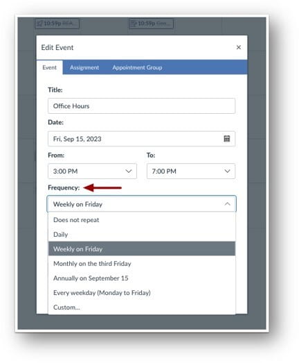 A screenshot of the Frequency option when creating an event in Canvas.