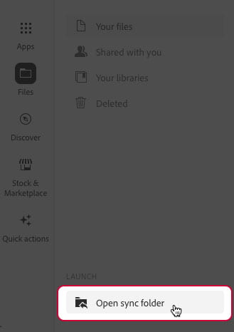Screenshot of the location of the 'Open sync folder' button for Adobe Sync