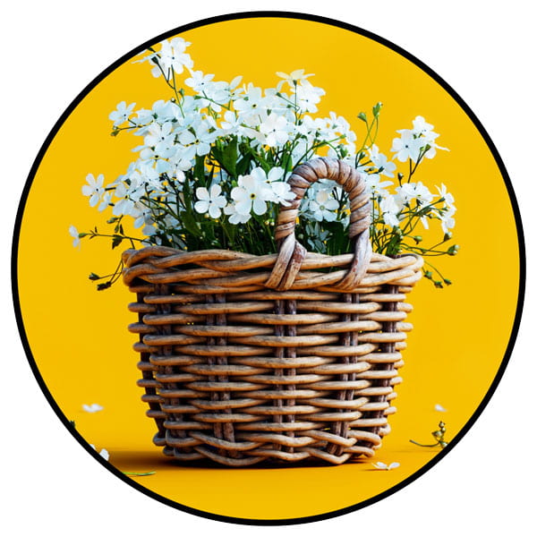 a basket of flowers on a yellow background.