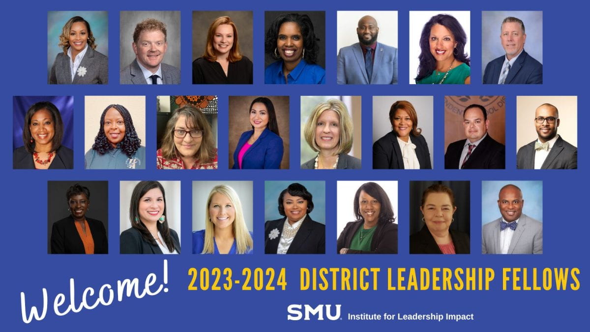 Grid of headshots of 2023-2024 District Leadership Fellows with welcome message