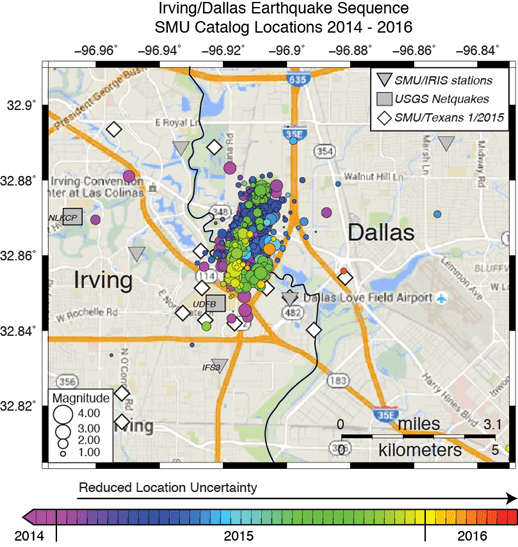 Southern Methodist University preliminary earthquake catalog for the Irving-Dallas earthquake swarm. The SMU North Texas seismic network has recorded over 600 earthquakes ranging from magnitude 0.0-3.6 in the Dallas-Irving region. Earthquakes recorded prior to Jan. 17, 2015 have a higher location uncertainty than events recorded after the complete seismic network was installed. Current seismic sensors recording the sequence are shown as gray symbols; note that some sensors are outside of the map boundaries. US Geological Survey NetQuakes data (squares) can be viewed online. Earthquake symbol size is scaled by magnitude and color coded by date of occurrence. The map is provided as part of the ongoing collaboration between SMU, the USGS, Irving, Dallas, and neighboring cities. The SMU preliminary earthquake locations and magnitudes have not been published in the peer-reviewed scientific literature and are subject to change. Prepared March 22, 2016.