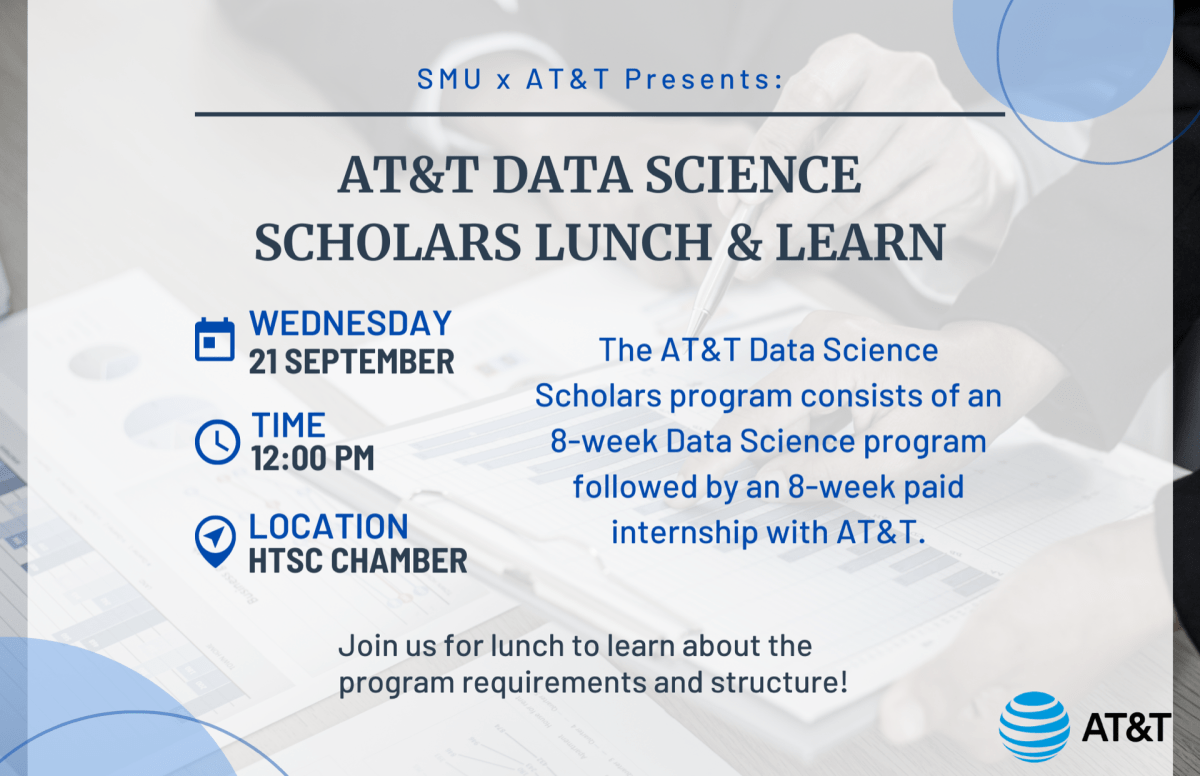 A flyer with the title "AT&T Data Science Scholars Lunch & Learn". The lunch and learn is on Wednesday, September 21 at noon in Hughes-Trigg Student Center Chambers.