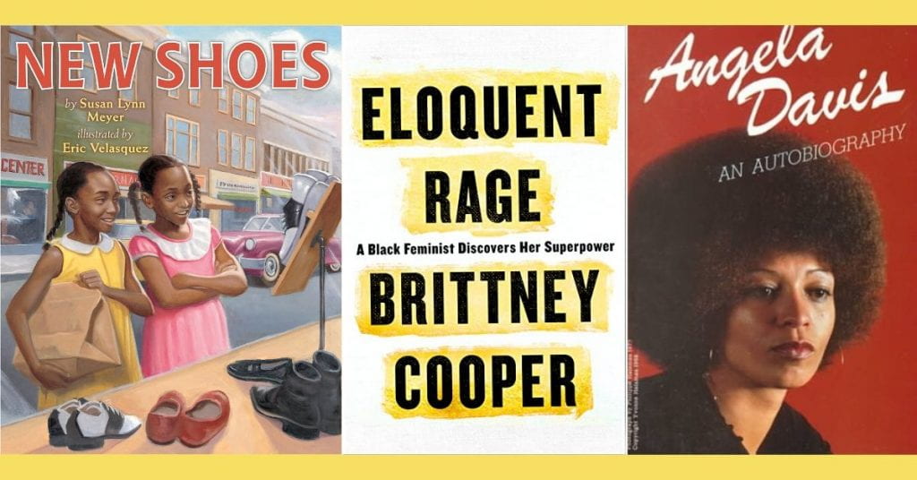 Book covers for "New Shoes," Eloquent Rage," and "Angela Davis Autobigraphy