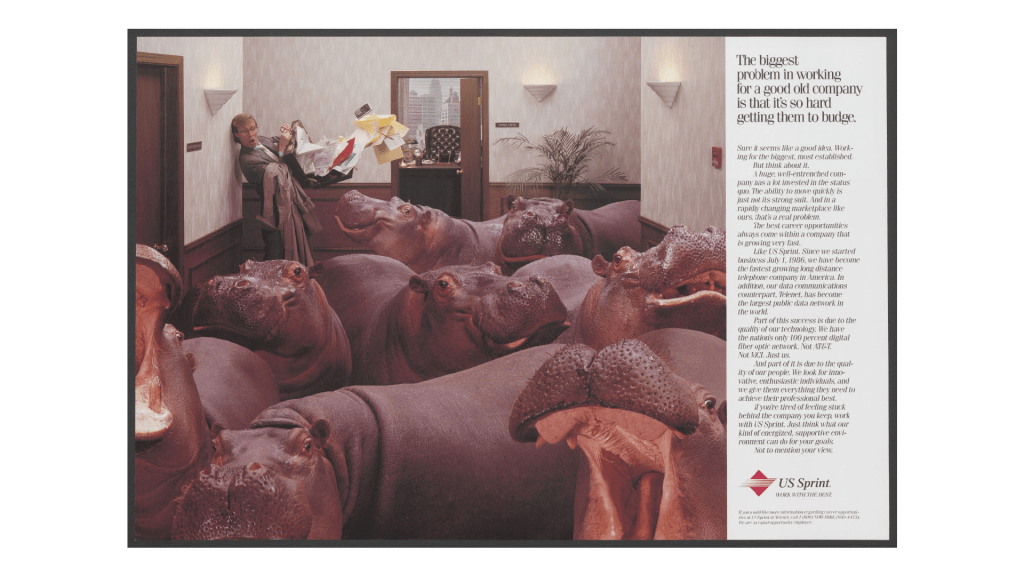 Sprint advertisement shows an office worker surprised by a room full of hippos.