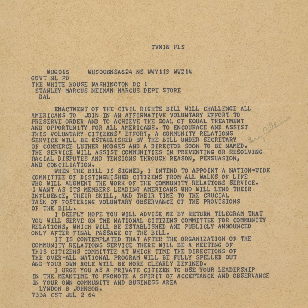 [Lyndon B. Johnson Telegram to Stanley Marcus, 1964 July 2], DeGolyer Library, SMU.