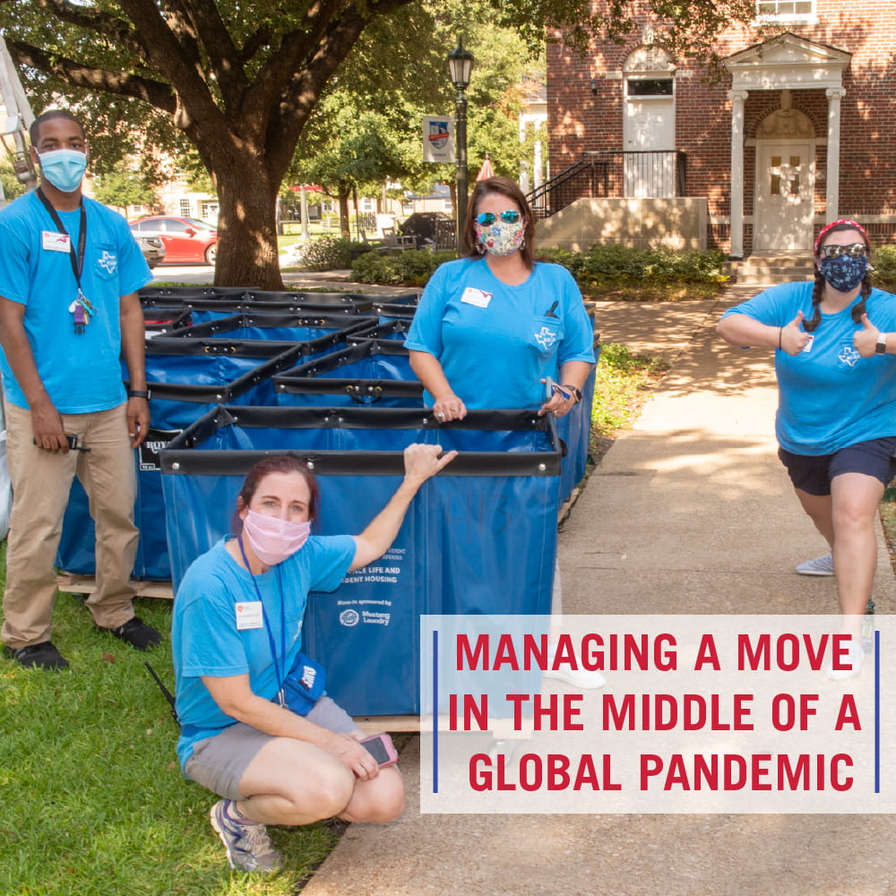 Four Residence Life staff members standing outside on the SMU campus and wearing masks, there are many blue moving bins in the photos