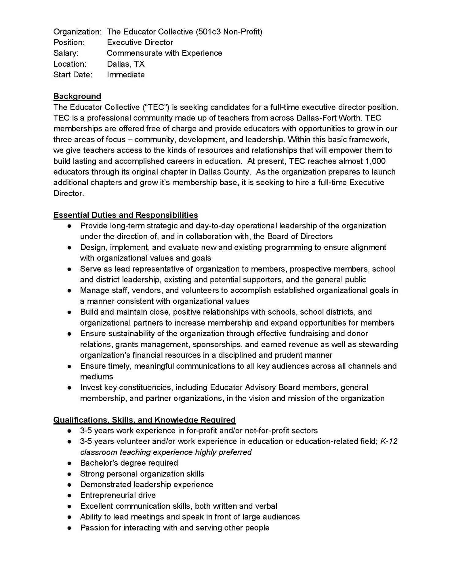 Job description template executive director non- profit