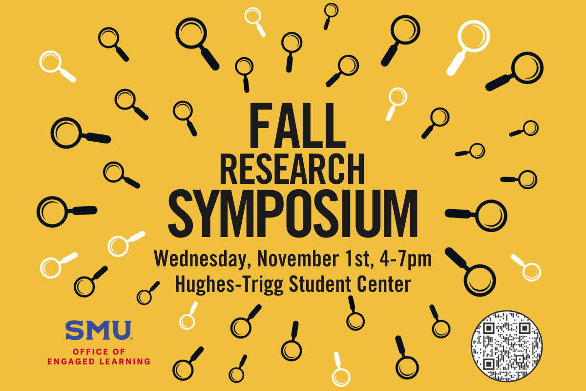 Text "Fall Research Symposium Wednesday November 1st, 4-7pm, Hughest-Trigg Student Center" surrounded by magnifying glasses