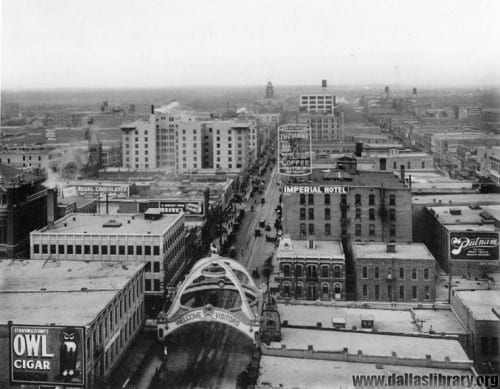 Aerial view looking east from the Praetorian Building, Dallas's first skyscraper, 1910