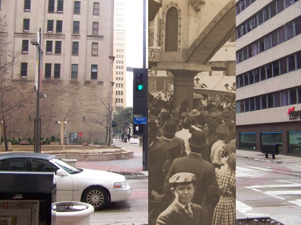 Looking south on Akard at Main in 2015, overlaid with 1910 lynch mob photograph